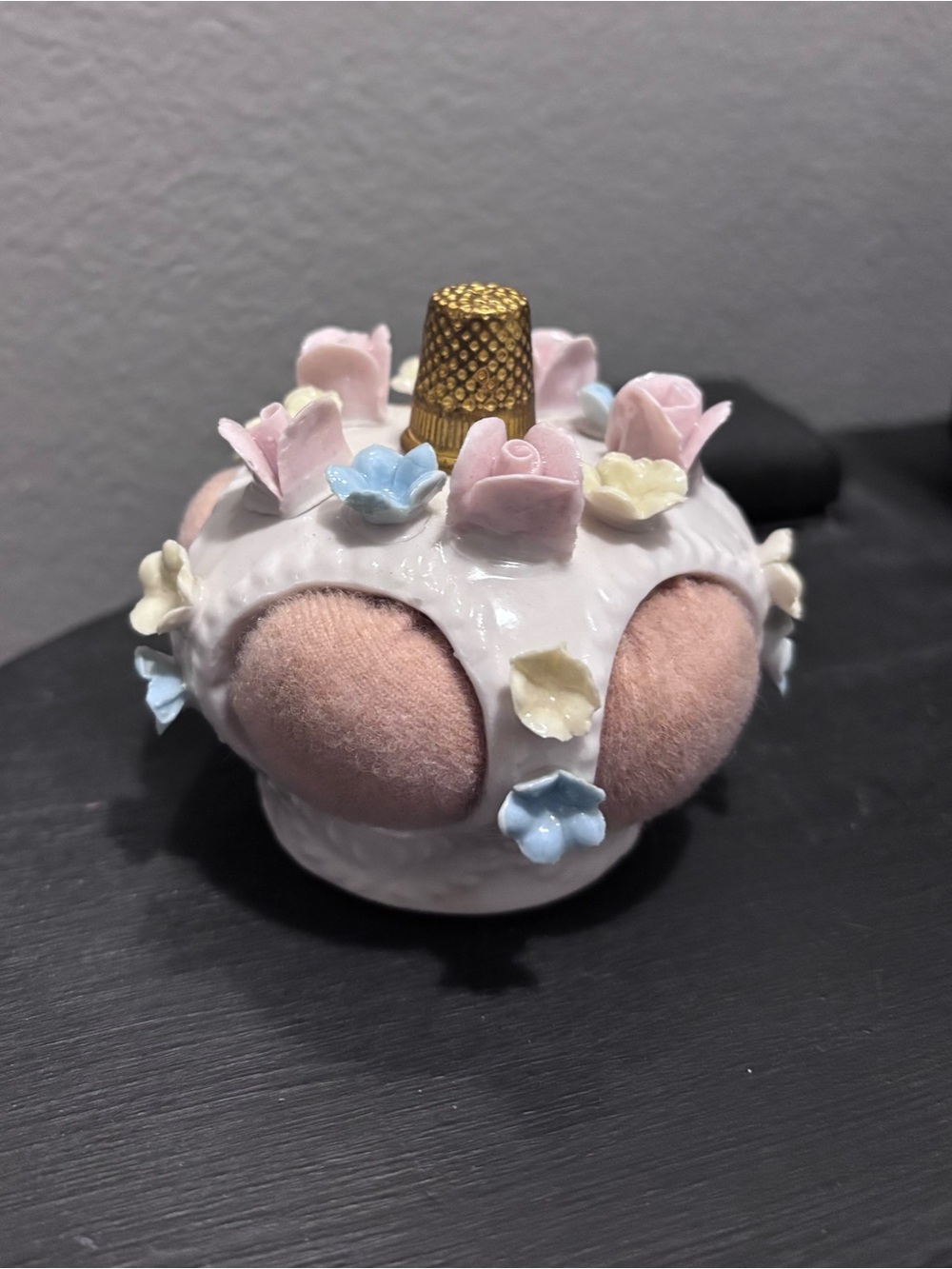 Vintage Ardalt Pink Floral Pin Cushion with Gold Thimble Center